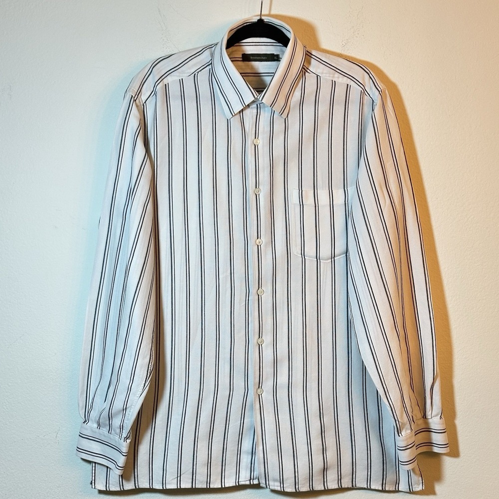 Ermenegildo Zegna Men's XL Striped Long Sleeve Button Up Cotton Shirt Side Slits
